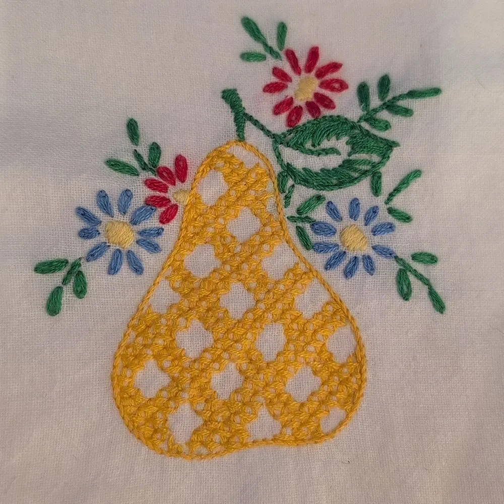 Vintage Embroidered White Tea Towel with Floral Pear Design